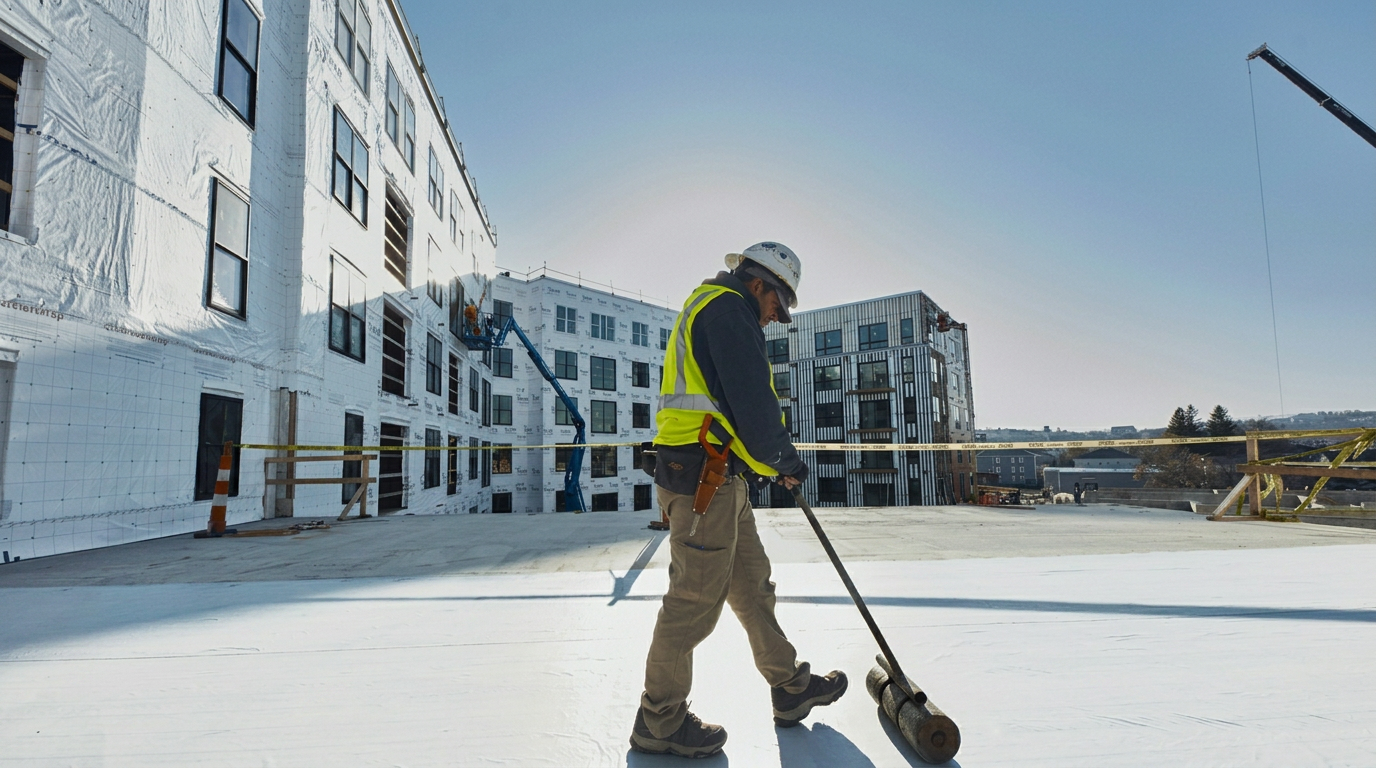 Commercial roofing crew installing a roof membrane on a large flat commercial building rooftop
